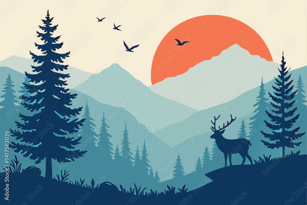 Fototapeta premium 55 Serene mountain landscape, vibrant sunset, silhouette of pine trees, misty forest, deer with antlers, birds flying, orange sun, layered mountains, blue hues, orange accents, digital illustration, m