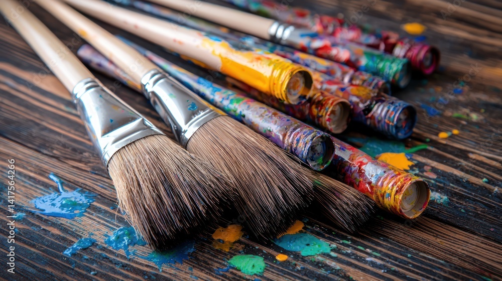 Fototapeta premium Used paintbrushes with colorful paint on wooden surface