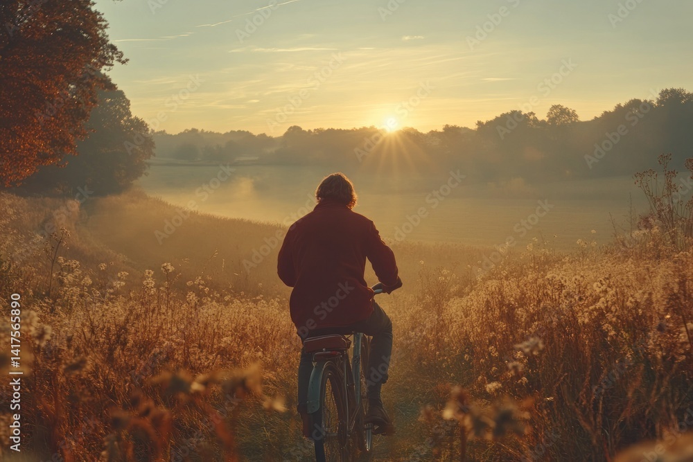 Fototapeta premium A tranquil morning bike ride through a golden field. Sunrise paints a serene landscape