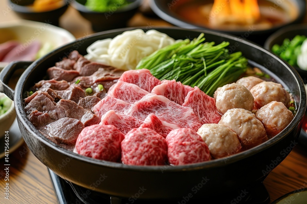 Thinly sliced beef, hearty chunks of beef stew, and juicy meatballs for shabu-shabu, an artful display of Japanese cuisine rich textures and flavors Thinly sliced beef, hearty chunks of beef stew, and juicy meatballs for shabu-shabu, an artful display of Japanese cuisine rich textures and flavors