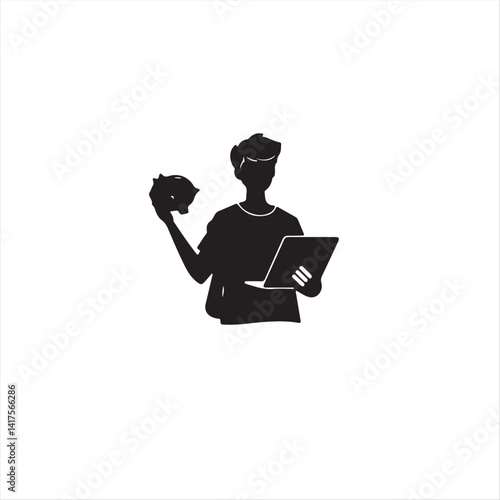 Black and white logo  Geometric silhouette of a young person holding a piggy bank and a laptop.  Simple icons like dollar signs, graphs, and crypto coins are used sparingly. Emphasis on balance