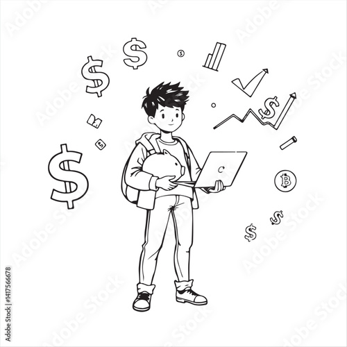 Classic black and white hand-drawn sketch of a minimalist flat vector silhouette. A young person holds a piggy bank and laptop. Pastel-toned dollar signs, graphs, and crypto coins surround them. 