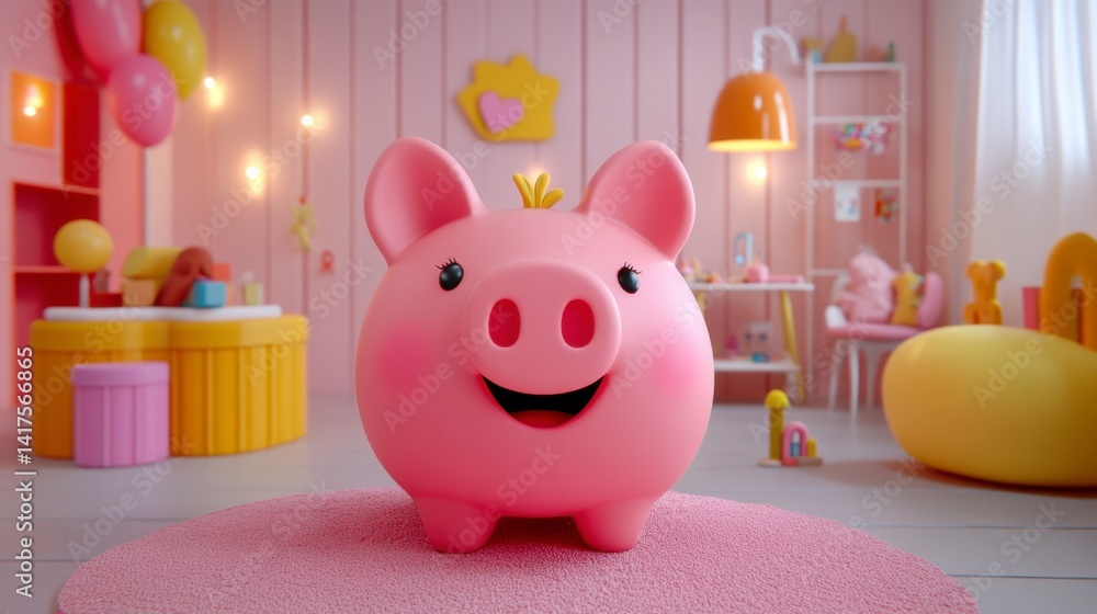 Pink piggy bank in a pastel colored child's room with toys and playful decor. Pink piggy bank in a pastel colored child's room with toys and playful decor.