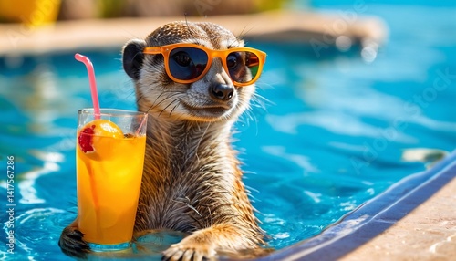 Wallpaper Mural Meerkat in sunglasses with a refreshing drink at the pool Torontodigital.ca