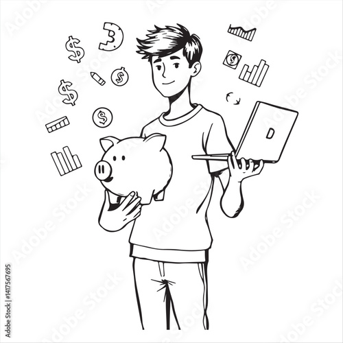 Hand-drawn sketch, classic black and white, depicting a minimalist flat vector silhouette of a young person holding a piggy bank and laptop. Pastel icons of dollar signs, graphs, and crypto coins
