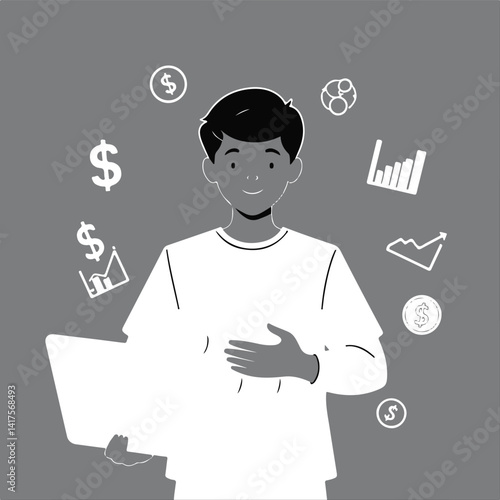 Timeless and elegant black and white flat vector design.  A young person's silhouette holds a piggy bank and laptop.  Surrounding them are simple two-dimensional icons dollar signs, graphs