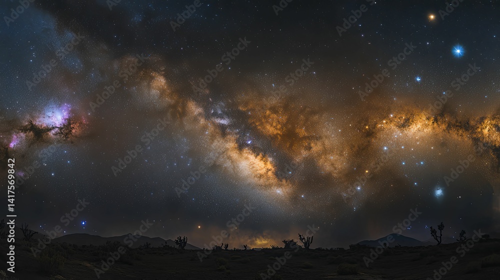 Fototapeta premium Milky way galaxy spanning a desert landscape at night.