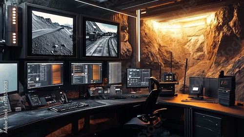 High-tech control room in a mining facility with multiple screens displaying data