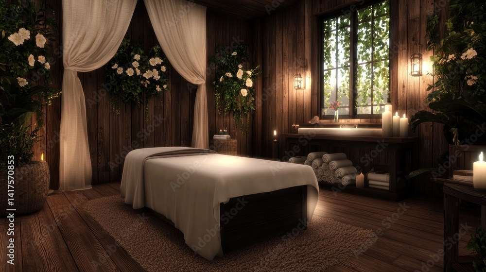 Fototapeta premium Rustic spa treatment room with floral accents