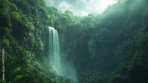 Lush Jungle Waterfall Cascading Down Cliff Face