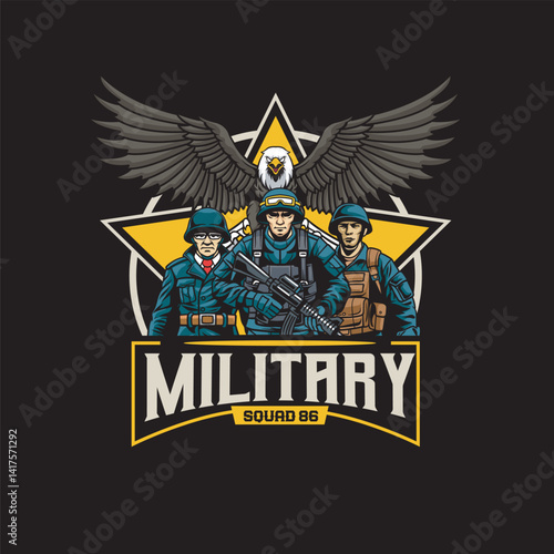 Vector Illustration of Soldier Carrying Rifle with Falcon in Detailed Illustration Available for Logo Badge