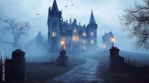 A haunted house with a foggy atmosphere