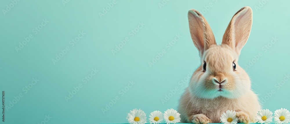 Fototapeta premium Cute fluffy rabbit with daisies on a mint green background