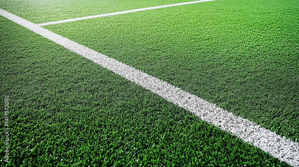 Obraz premium Artificial turf field with white line background for sports and recreation area green grass texture