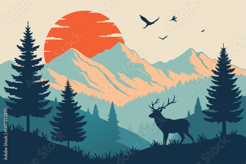 55 Serene mountain landscape, vibrant sunset, silhouette of pine trees, misty forest, deer with antlers, birds flying, orange sun, layered mountains, blue hues, orange accents, digital illustration, m