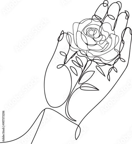 Simple and stylish line drawing of a hand gently cradling a sunflower depicted in elegant, uninterrupted strokes conveying warmth and natural connection to nature