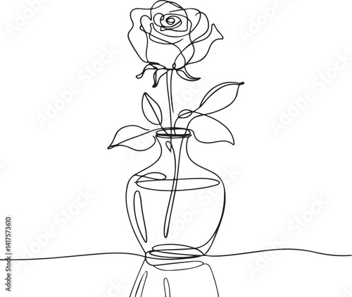 Elegant rose illustration drawn in a single continuous line style placed in a classic ceramic vase with detailed shading for a graceful and refined floral design