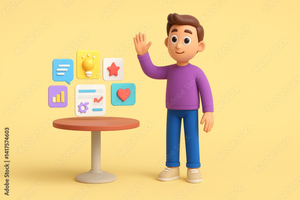 cheerful 3D character waves beside table with colorful app icons floating above cheerful 3D character waves beside table with colorful app icons floating above