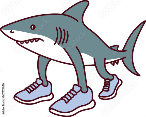Funny shark with human legs wearing sneakers in surreal comic style vector illustration. Tralalelo tralala