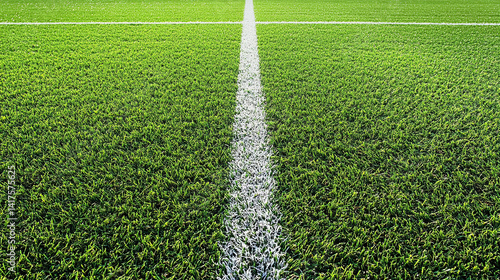 Stock photo of soccer field grass texture with white line for sports background and green lawn design use