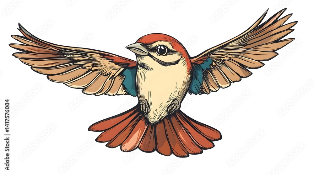 Fototapeta premium Vintage-inspired doodle of a flying bird in a whimsical hand-drawn style