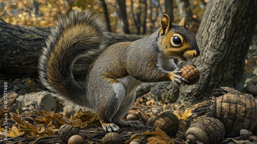 Obraz premium Squirrel Holding Pine Cone Amidst Autumn Leaves in a Forest Setting with Soft Lighting and Natural Background