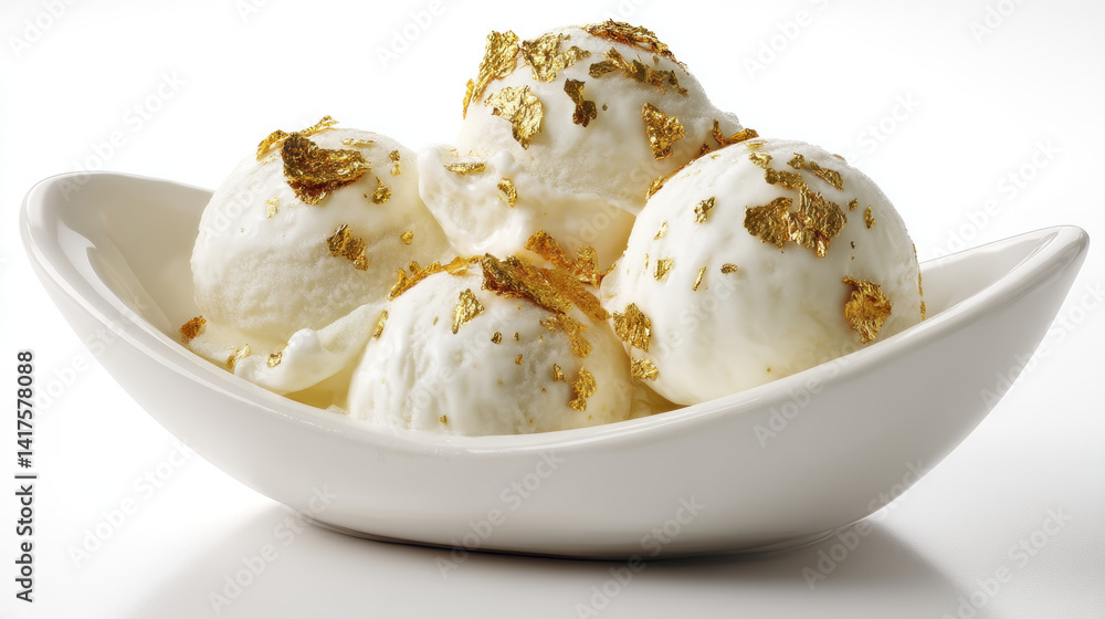 Creamy vanilla ice cream scoops topped with luxurious gold flakes, served in elegant white dish, creating lavish dessert experience Creamy vanilla ice cream scoops topped with luxurious gold flakes, served in elegant white dish, creating lavish dessert experience