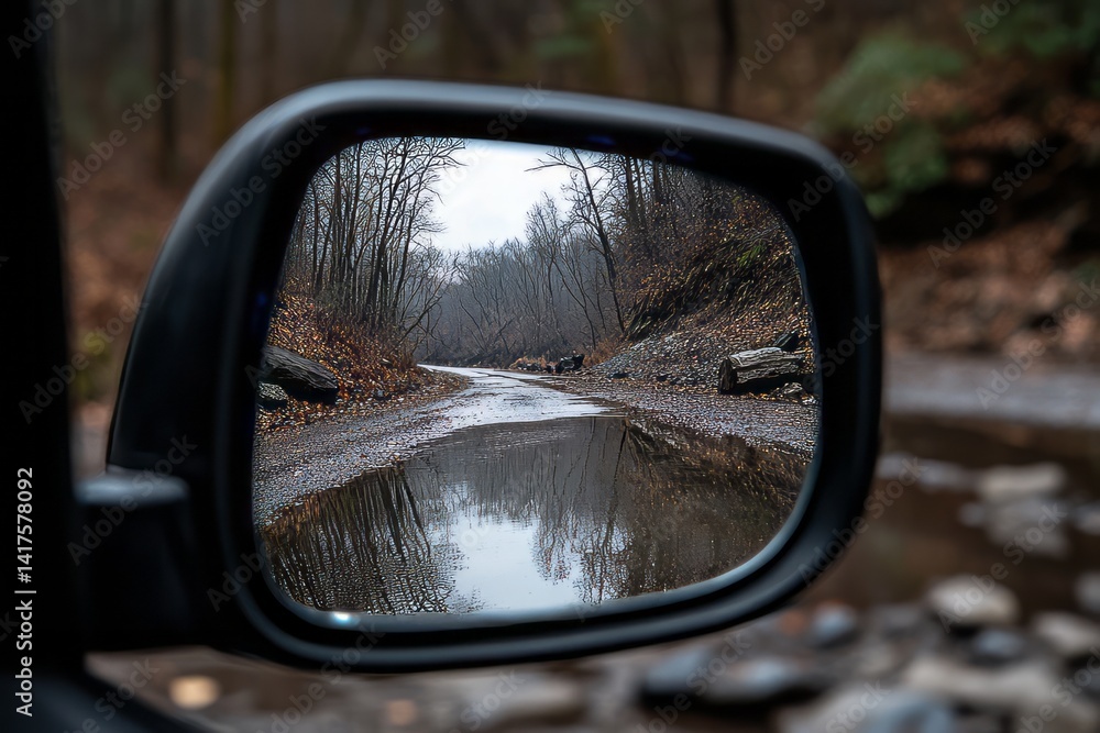 Reflection of a Serene Waterway in a Car Side Mirror on a Gloomy Day in Nature Reflection of a Serene Waterway in a Car Side Mirror on a Gloomy Day in Nature