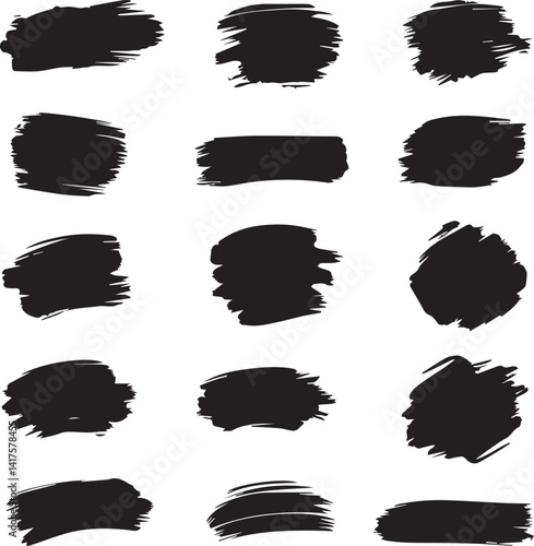 Set of Black Ink Brush Strokes Isolated on White Background, Grunge Paint Brush Stroke Collection for Design Elements, Hand-Drawn Black Brush Strokes Texture Pack, Graphic Design and Illustration.

