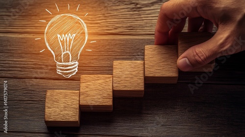 Hand placing wooden blocks on a stairway to an idea.
