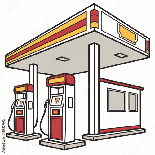 Illustrated Gas Station With Two Pumps And Convenience Store Building