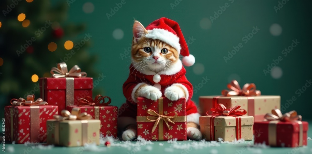 Feline Santa sitting on presents with red hat and paws full of gifts , holiday, joy Feline Santa sitting on presents with red hat and paws full of gifts , holiday, joy