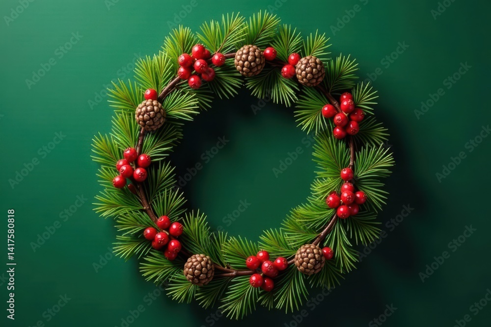 Fir wreath with red berries and pinecones against a deep green background, holly-like, Christmas wreath Fir wreath with red berries and pinecones against a deep green background, holly-like, Christmas wreath