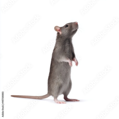Gray rat standing upright looking up on white background