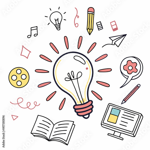 Creative Idea Generation Vector Illustration With Lightbulb Computer And Stationery