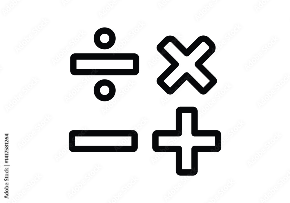Math symbols set. Mathematical plus, minus, equal, multiply and divide signs on element for education, learning, calculation, accounting, financial operations concept. Isolated vector Math symbols set. Mathematical plus, minus, equal, multiply and divide signs on element for education, learning, calculation, accounting, financial operations concept. Isolated vector
