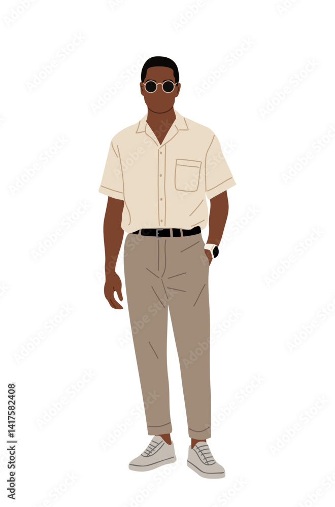 Black business man wearing summer smart casual office outfit. African american guy in tun pants and white shirt. Vector flat illustration isolated on transparent background Black business man wearing summer smart casual office outfit. African american guy in tun pants and white shirt. Vector flat illustration isolated on transparent background