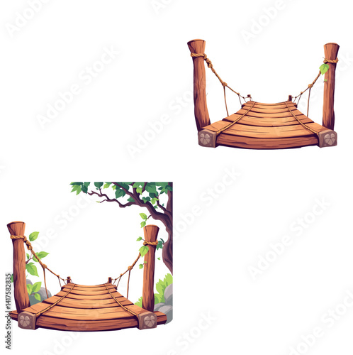 Vsai wooden rope bridge crossing a river in the jungle