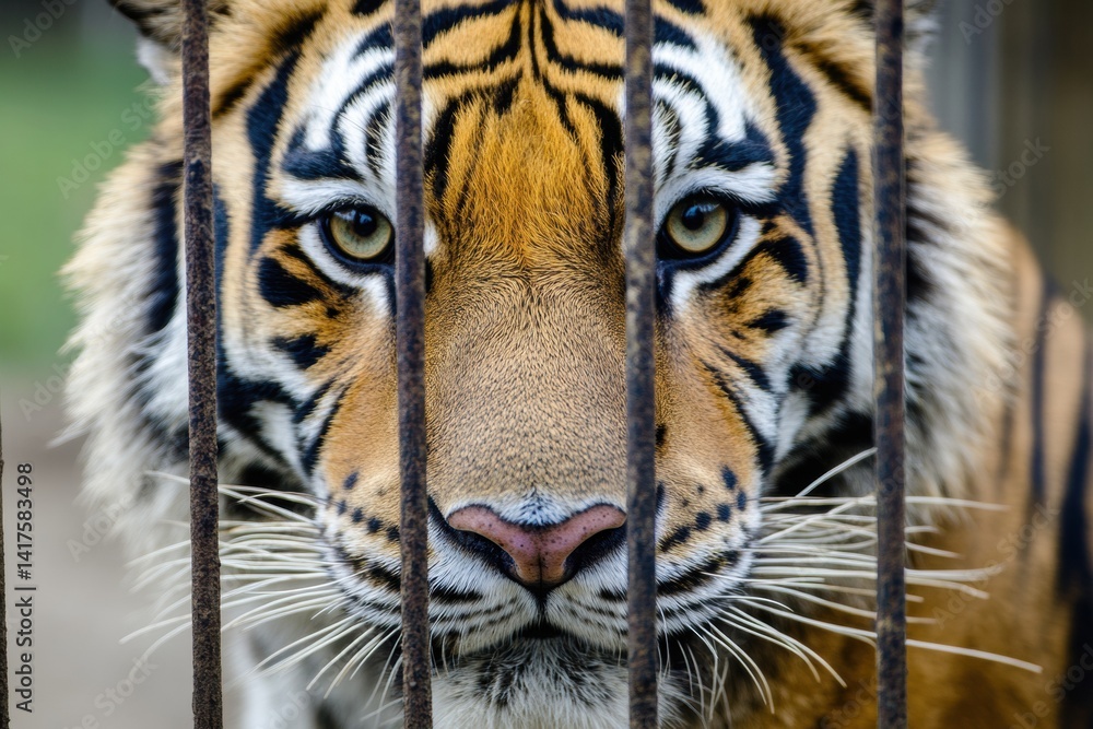 Naklejka premium Close-up of tiger behind bars in captivity with intense eyes