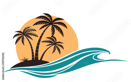Tropical Island Sunset Logo – Palm Trees and Ocean Wave Vector Design