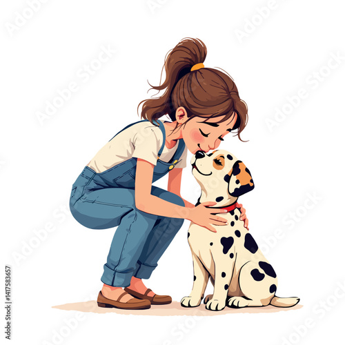 Vsai young girl kissing and hugging her dalmatian puppy dog
