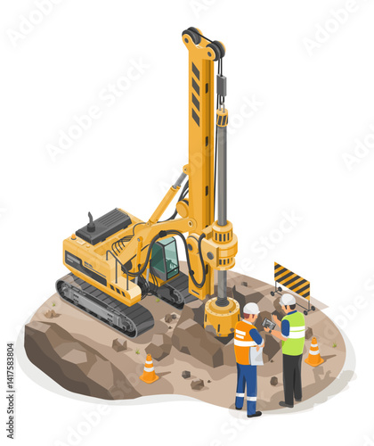 Engineers inspecting rotary drilling rig machine operating on rocky ground for deep foundation pile installation at construction site isometric isolated