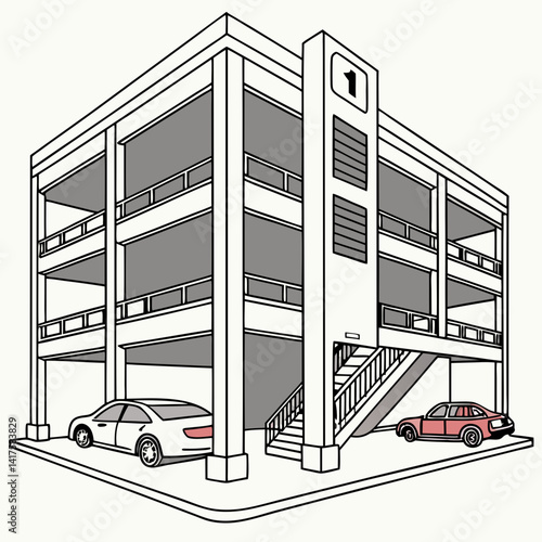 Simple Illustration Of An Open Parking Garage With Two Cars
