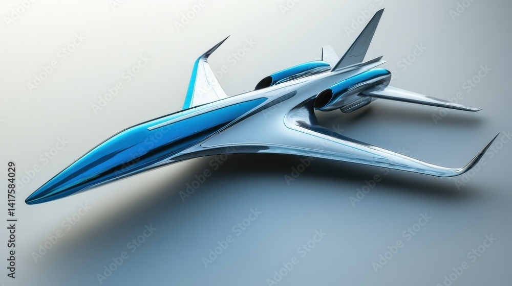 A futuristic airplane with a blue and silver design