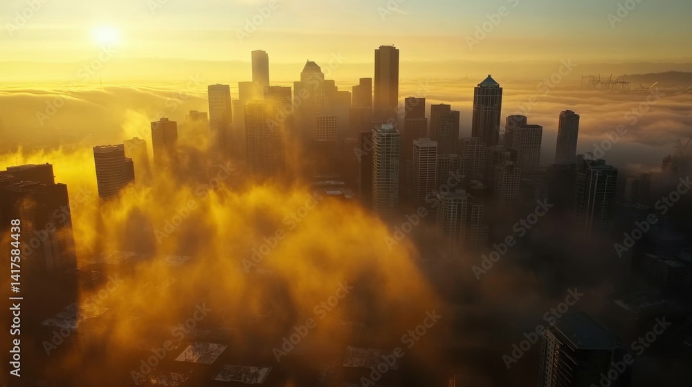 Hazy Sunrise Over Seattle Buildings Aerial View