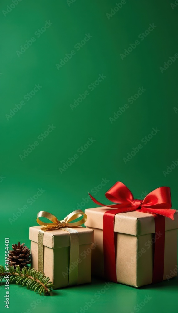 Rustic gift boxes adorned with pine, green backdrop, decoration, photography, gift Rustic gift boxes adorned with pine, green backdrop, decoration, photography, gift