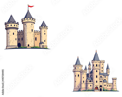 Vsai two medieval castles waving a red flag representing conquest and power