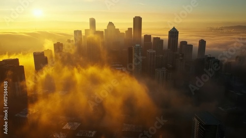 Obraz na płótnie Hazy Sunrise Over Seattle Buildings Aerial View w salonie