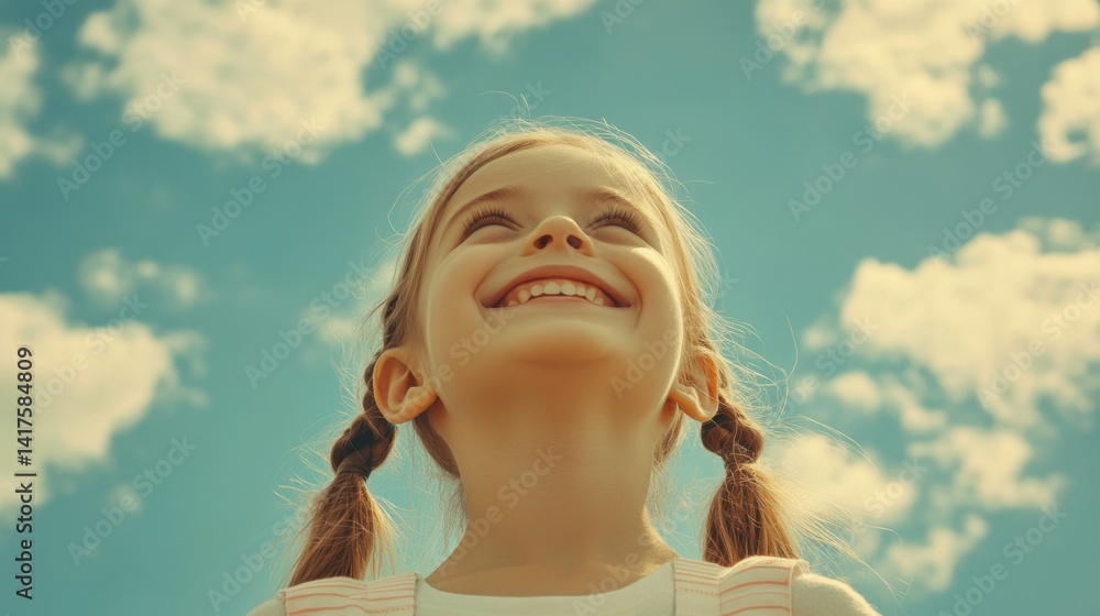 A young girl with her hair in pigtails is smiling and looking up at the sky