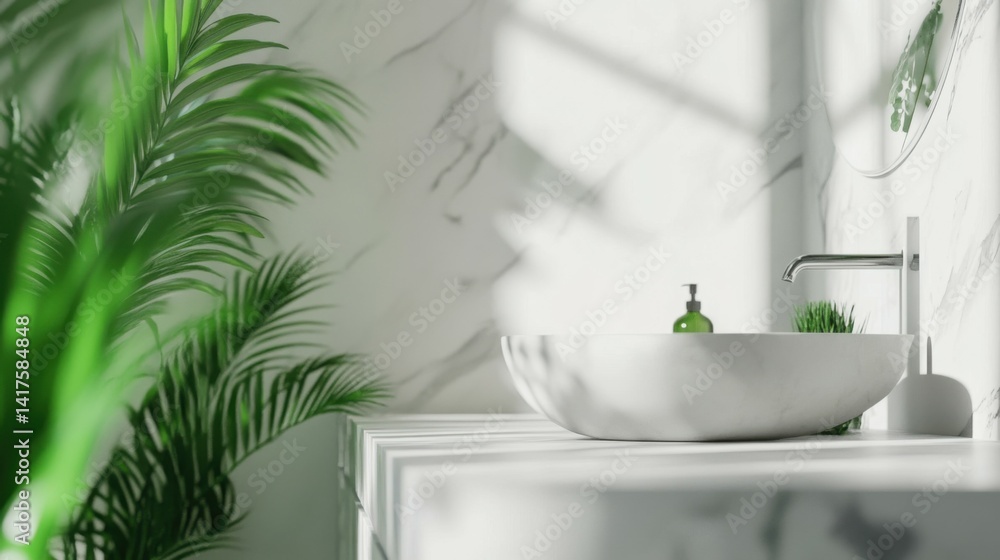 Modern Minimalist Bathroom with Marble Countertop, Greenery